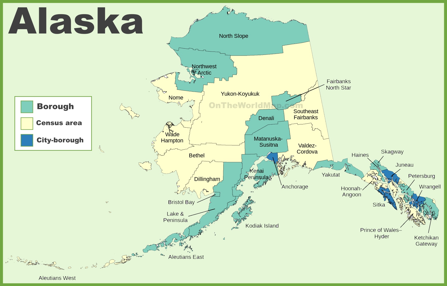 Alaska boroughs and census area map - Ontheworldmap.com