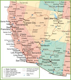 Map of Arizona, California, Nevada and Utah