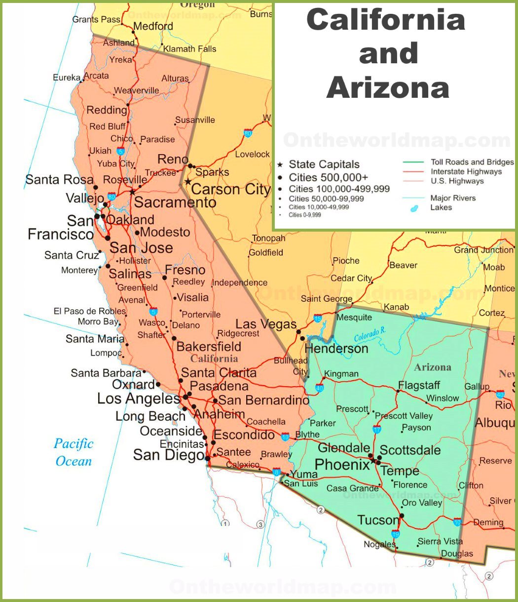 Аризона и Калифорния на карте
