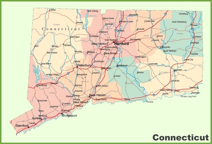Connecticut road map with cities and towns