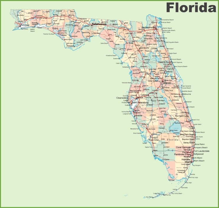 Florida road map with cities and towns