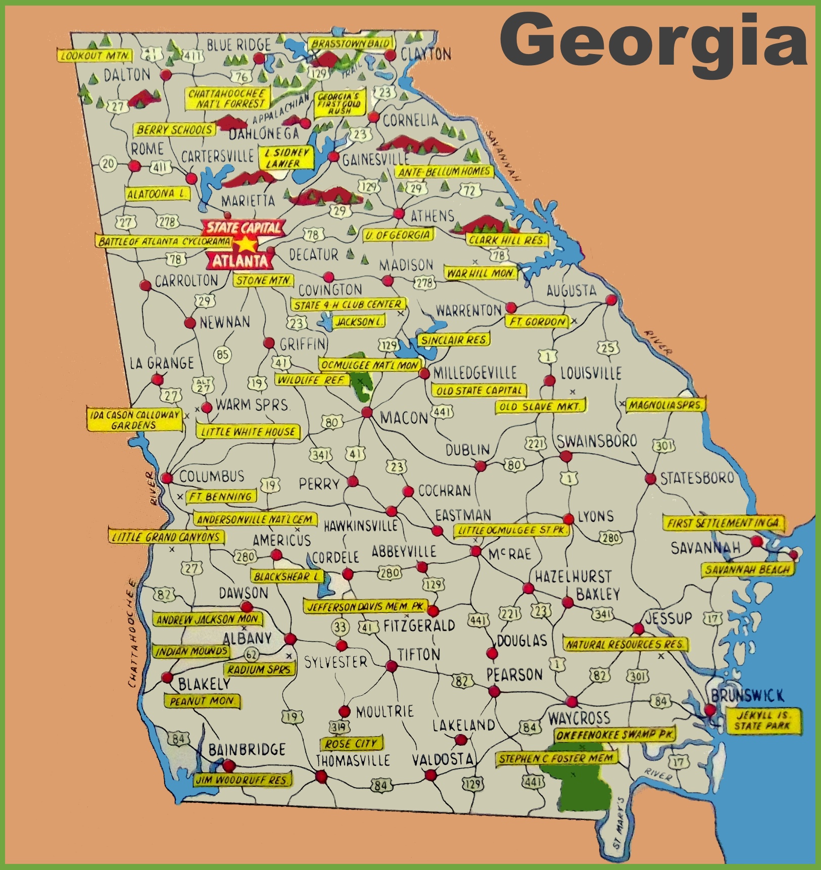 Illustrated tourist map of Georgia Ontheworldmap com