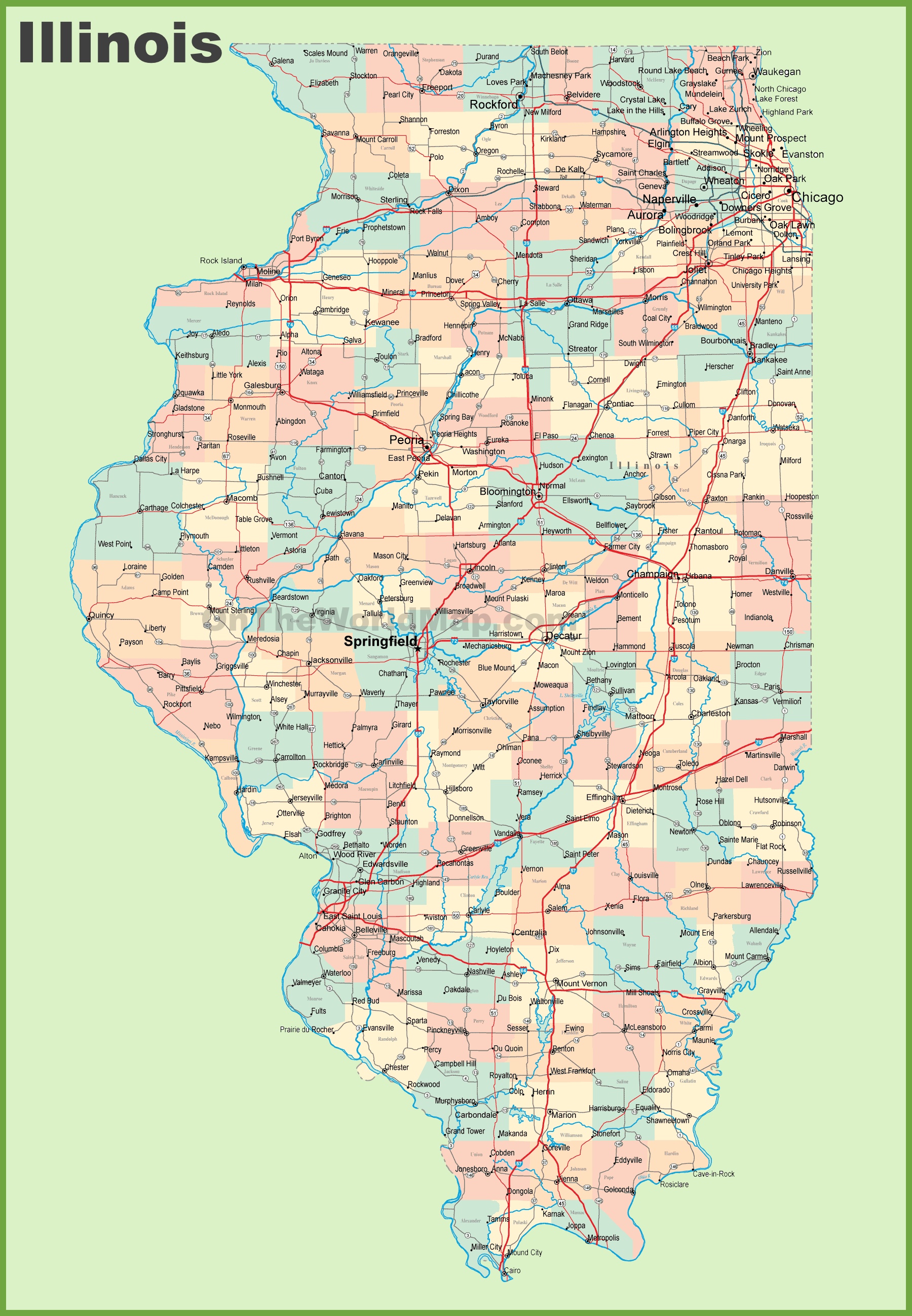 Illinois County Map Lines Map Of Illinois With Cities And Towns