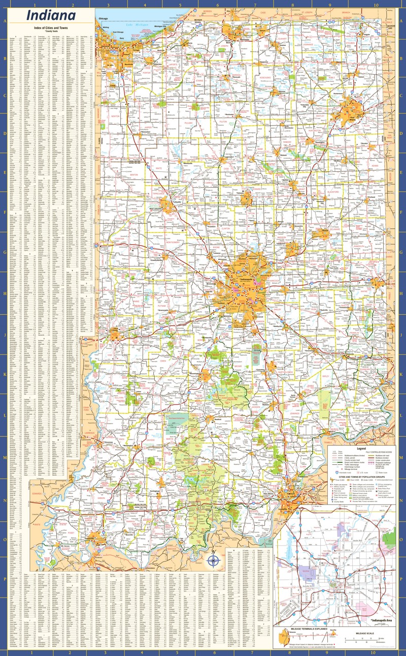 Large detailed map of Indiana with cities and towns