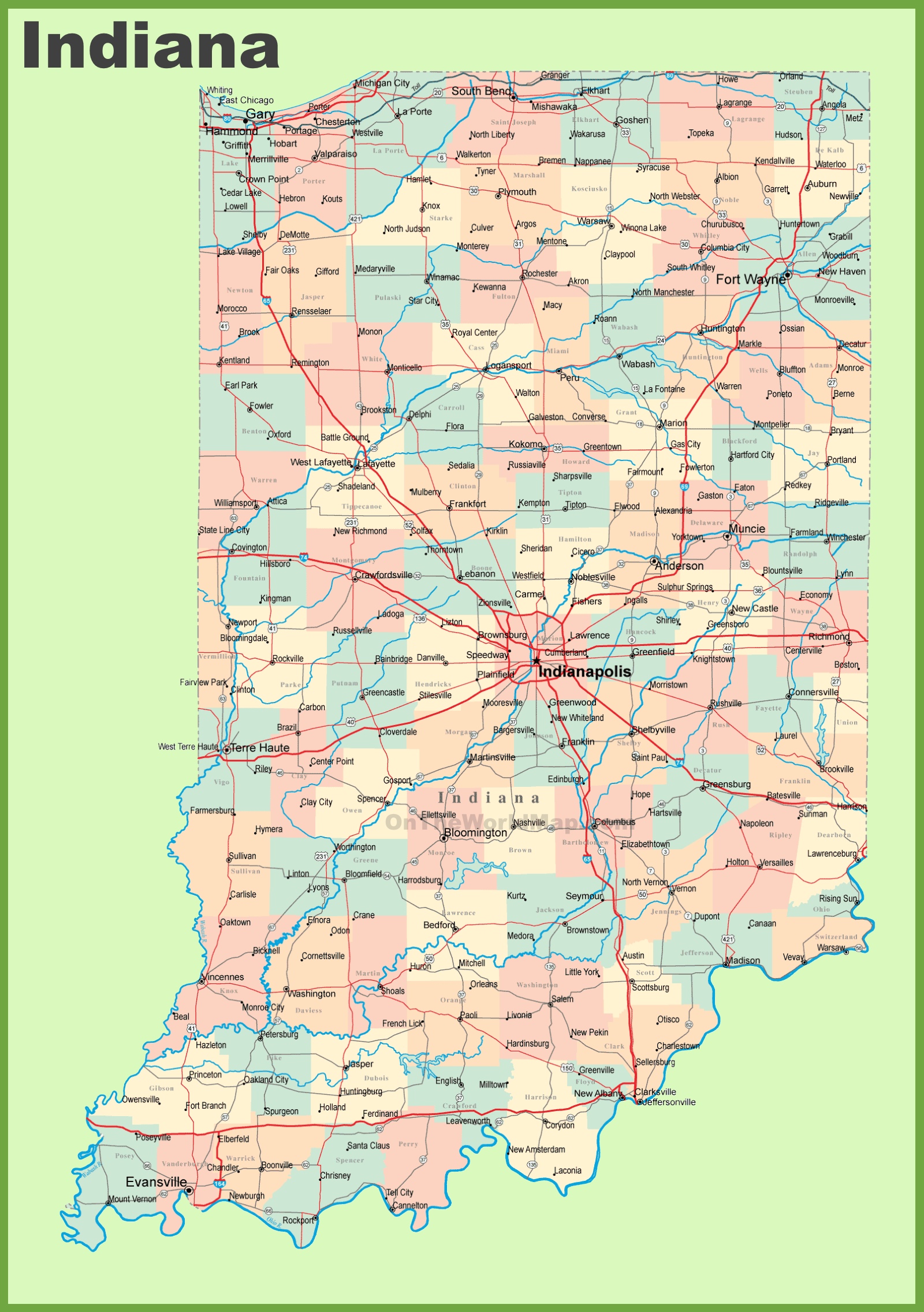 Indiana State Map With Cities And Counties Road Map Of Indiana With Cities