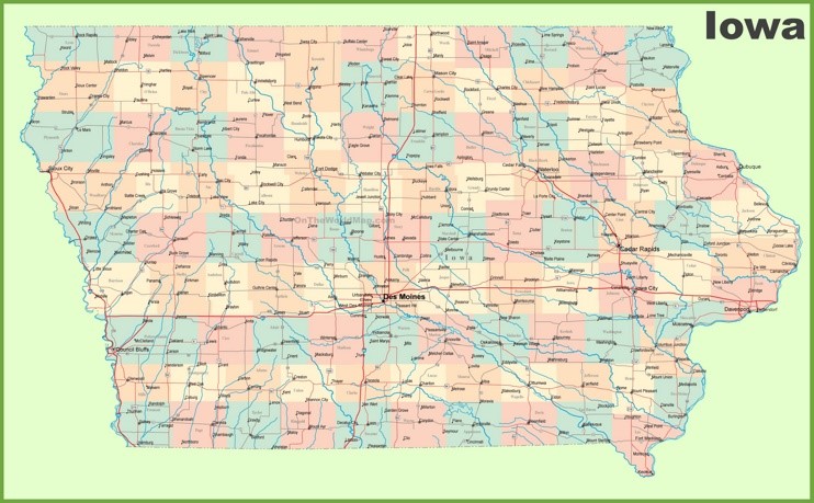 Large detailed map of Iowa with cities and towns