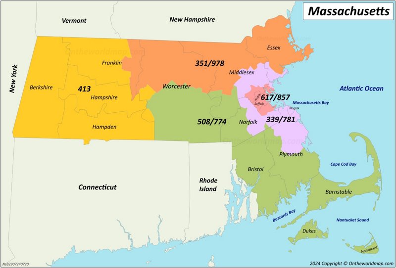 Massachusetts Area Codes Map - List of Area Codes in Massachusetts ...