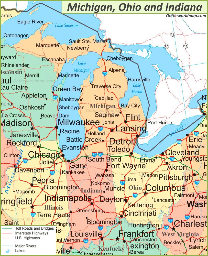Map of Michigan, Ohio and Indiana