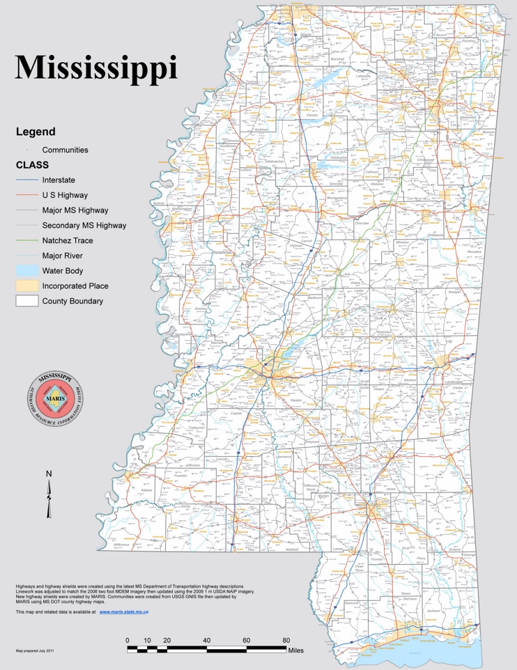 Large detailed map of Mississippi with cities and towns