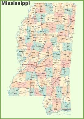 Road map of Mississippi with cities