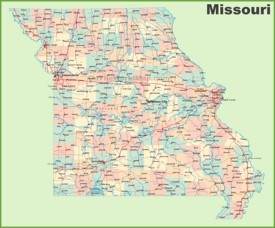 Road map of Missouri with cities