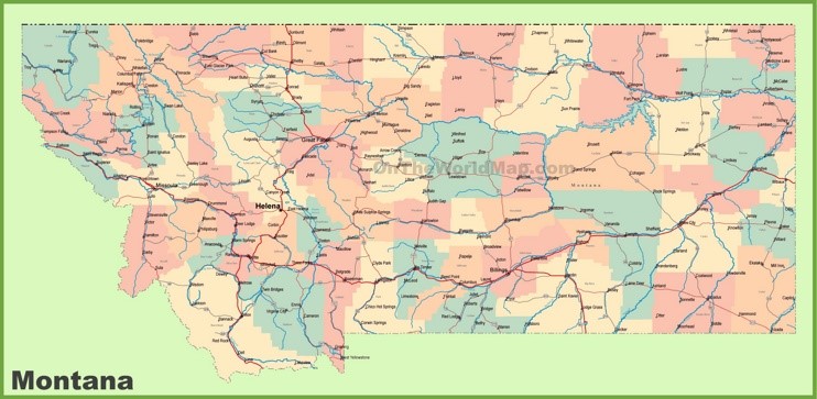 Road map of Montana with cities