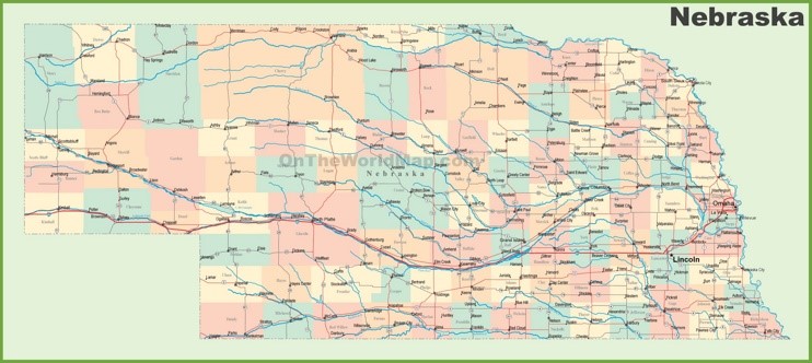 Road map of Nebraska with cities