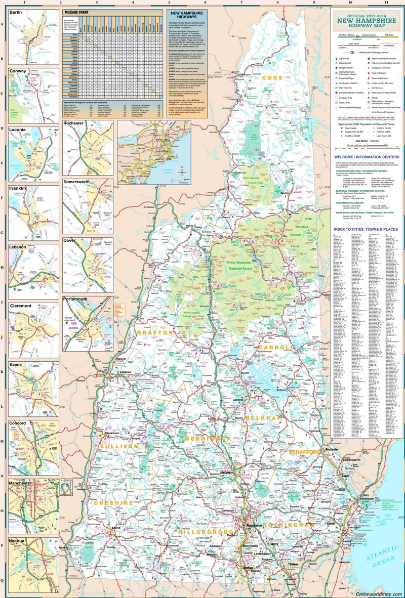 Large Detailed Tourist Map of New Hampshire With Cities And Towns ...