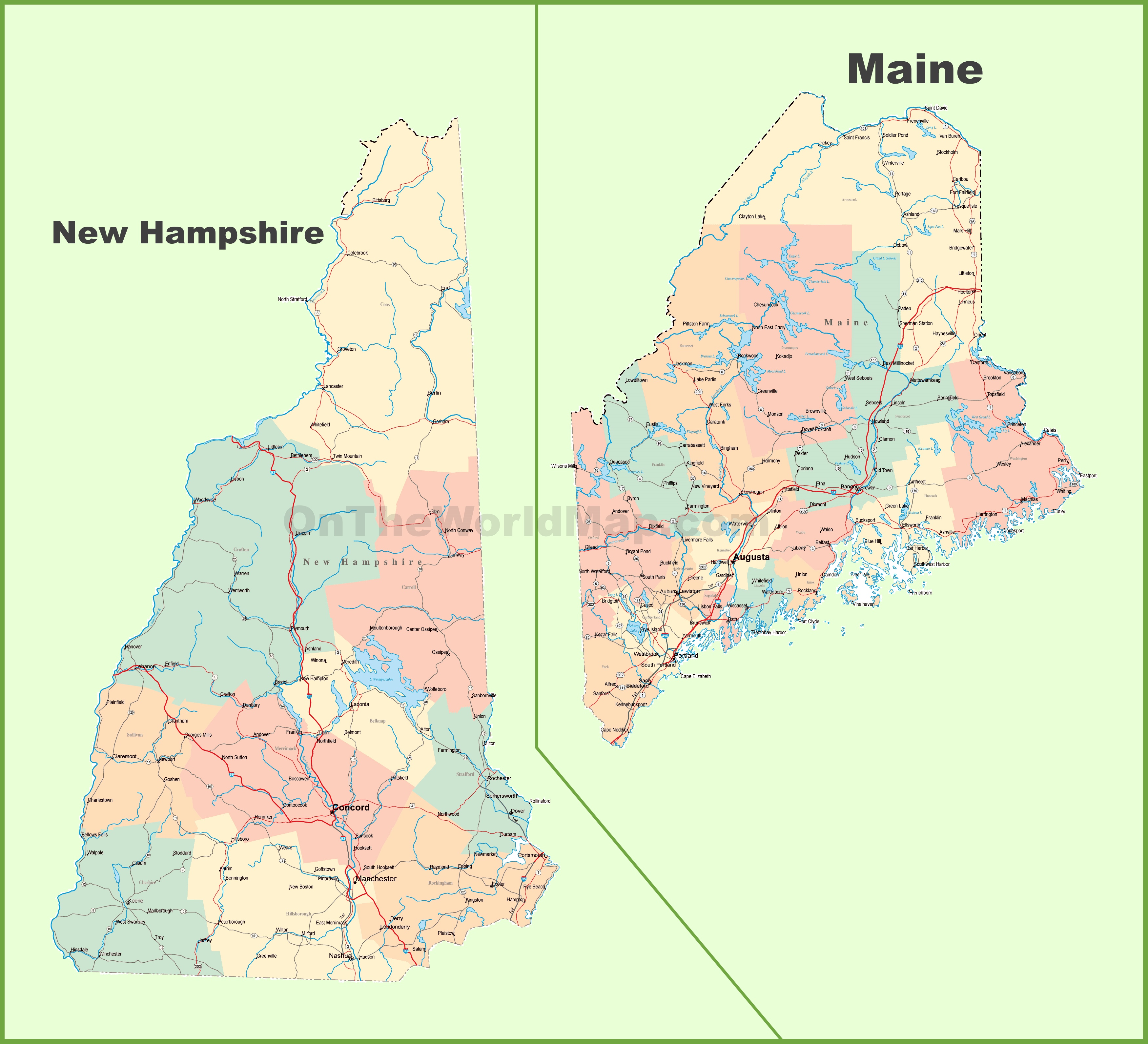 New Hampshire Border Towns Map Of New Hampshire And Maine