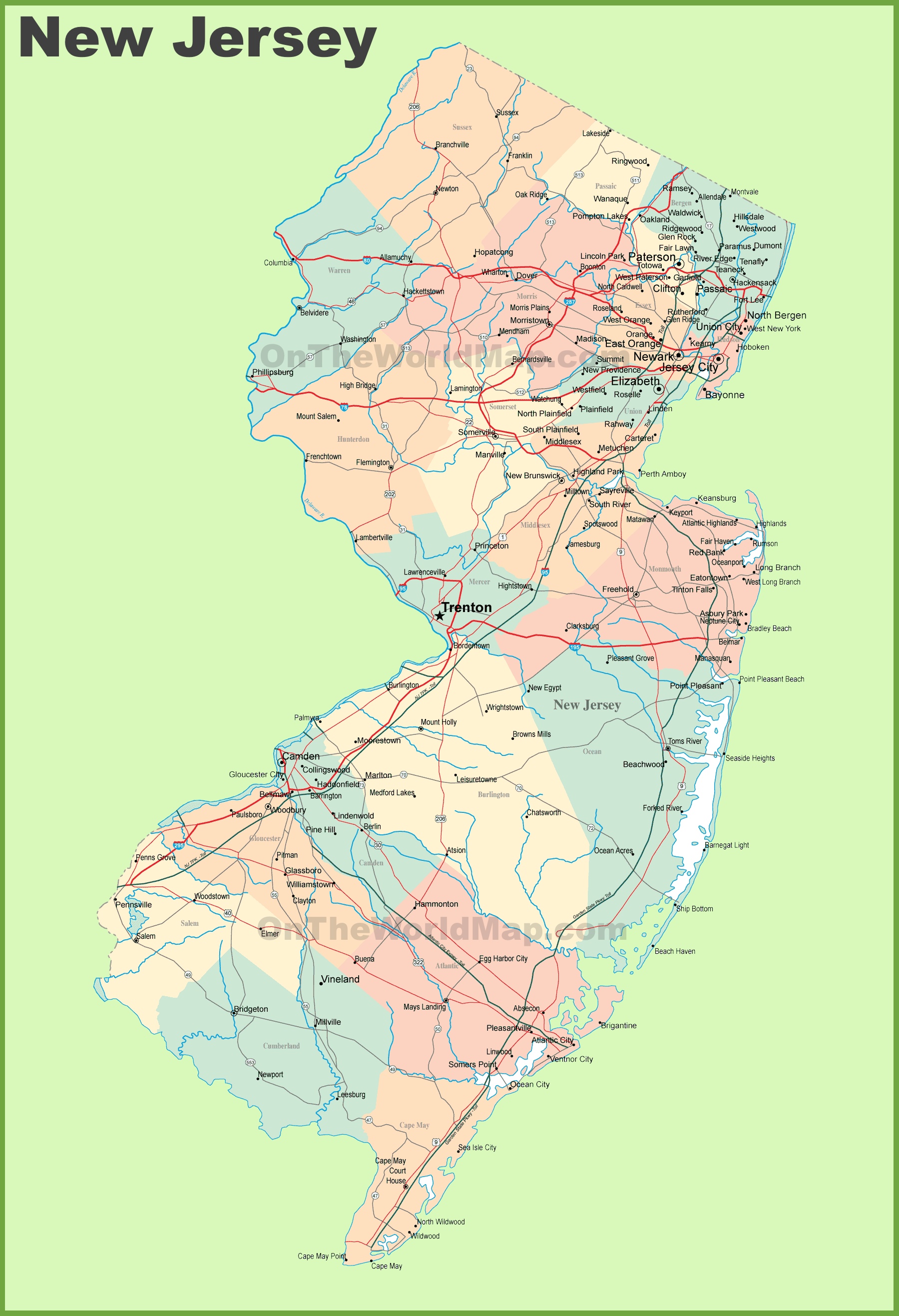 Road map of New Jersey with cities - Ontheworldmap.com