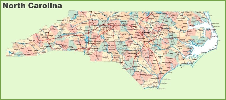 Road map of North Carolina with cities