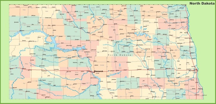 Road map of North Dakota with cities