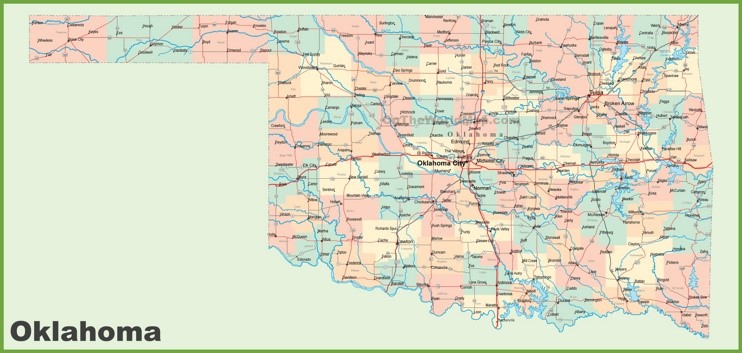 Road map of Oklahoma with cities
