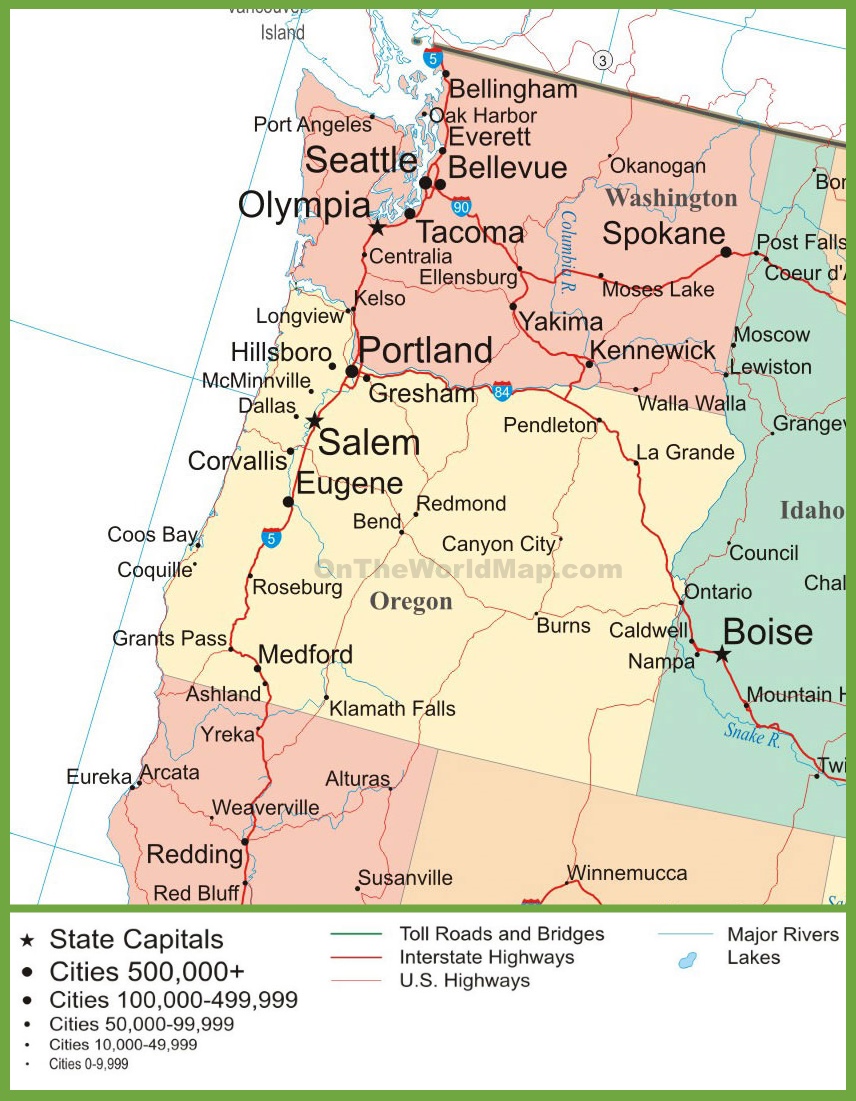 Map of Oregon and Washington - Ontheworldmap.com