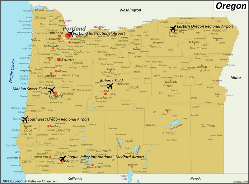 Map of Airports in Oregon - List of Primary Airports in Oregon ...