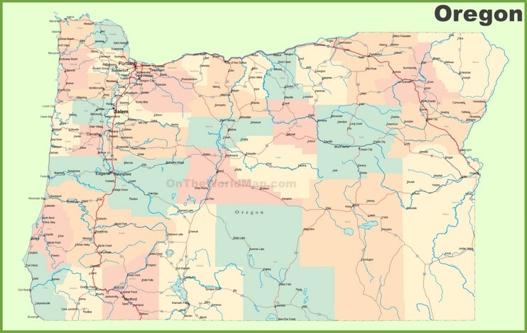 Road map of Oregon with cities