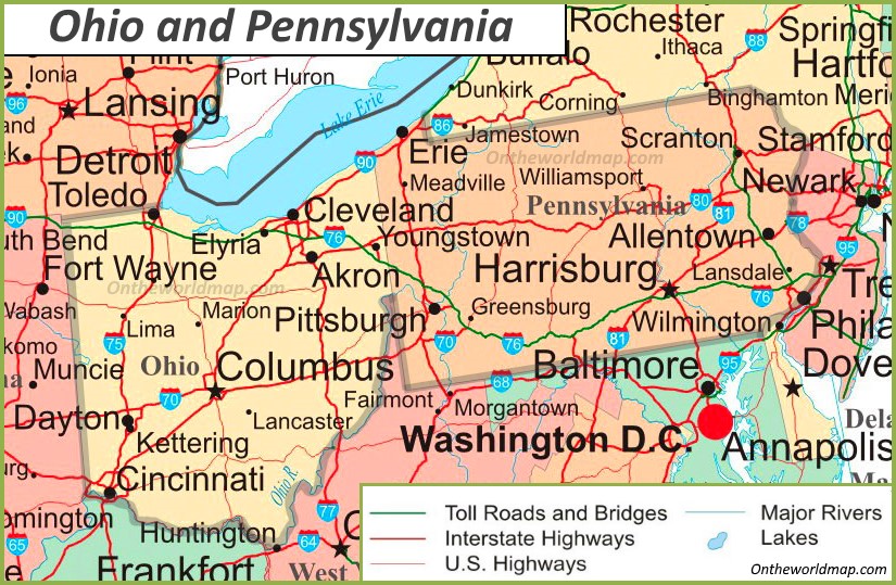 Map of Ohio and Pennsylvania - Ontheworldmap.com