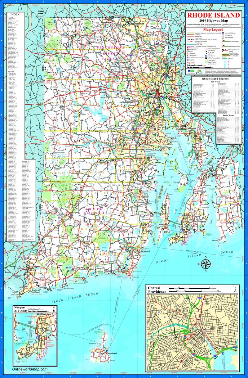 Large Detailed Tourist Map of Rhode Island With Cities And Towns