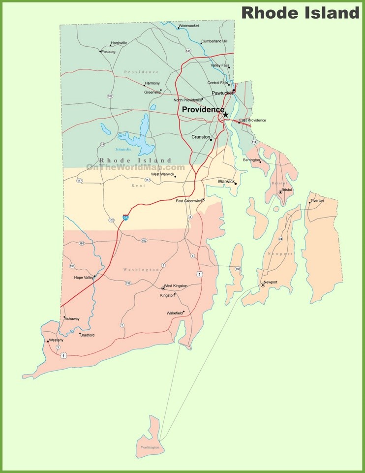 Road map of Rhode Island with cities