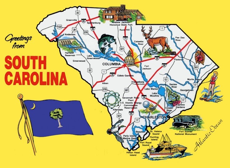 Pictorial travel map of South Carolina