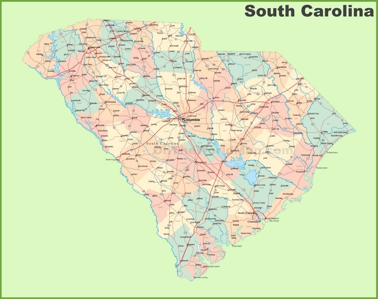 Road map of South Carolina with cities