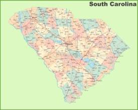 Road map of South Carolina with cities