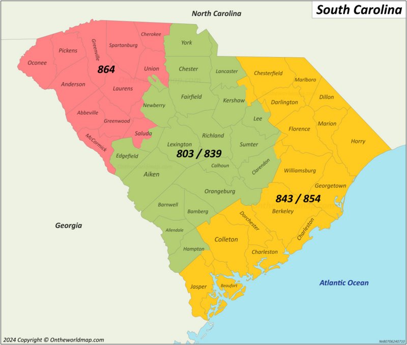 South Carolina Area Codes Map