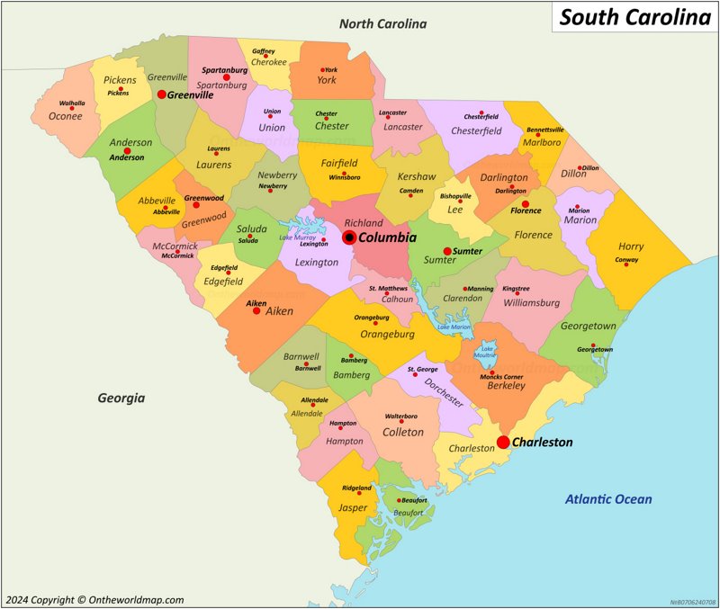 South Carolina Counties and County Seats Map