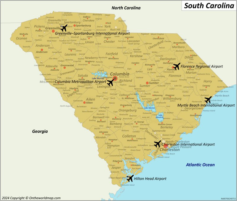 Map of Airports in South Carolina