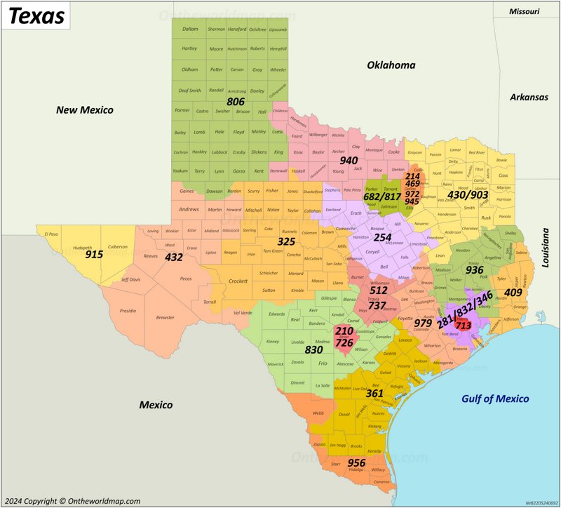 Texas Area Codes Map - List of Area Codes in Texas - Ontheworldmap.com