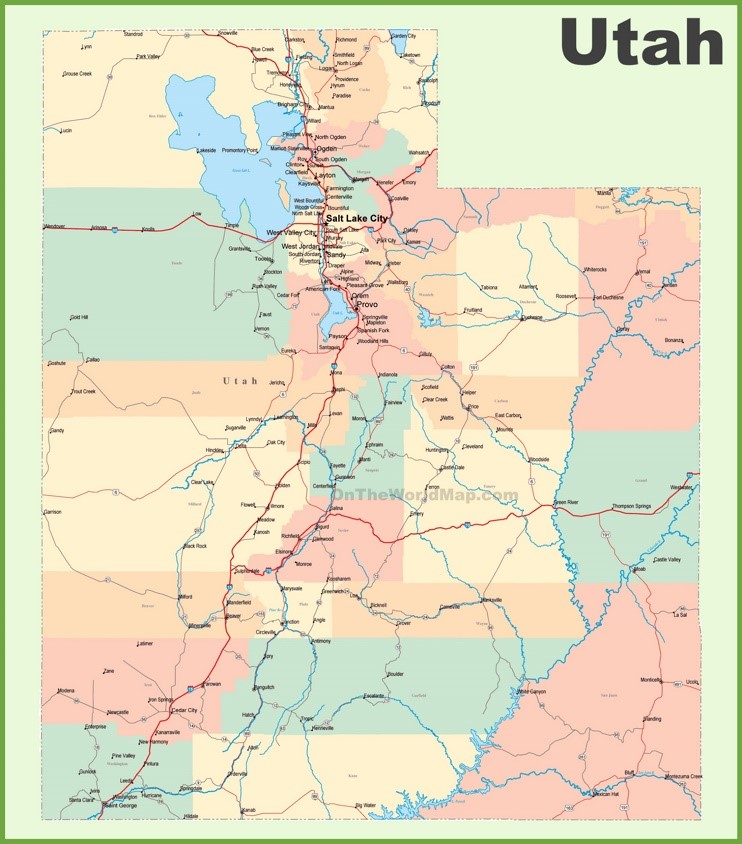 Road map of Utah with cities