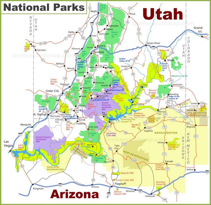 Utah-Arizona national parks map