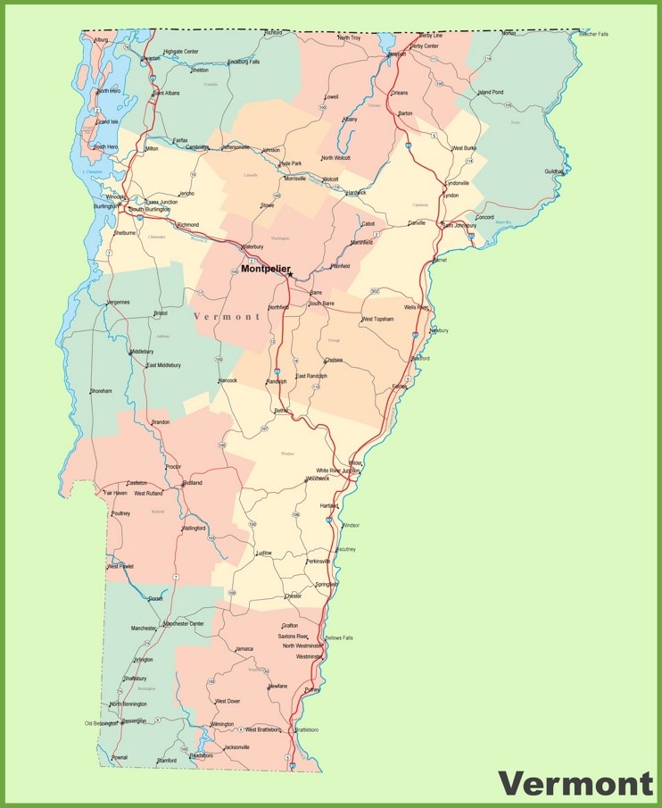 Road map of Vermont with cities