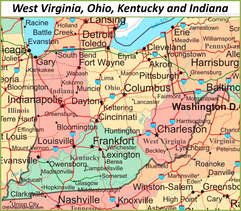 Map of West Virginia, Ohio, Kentucky and Indiana