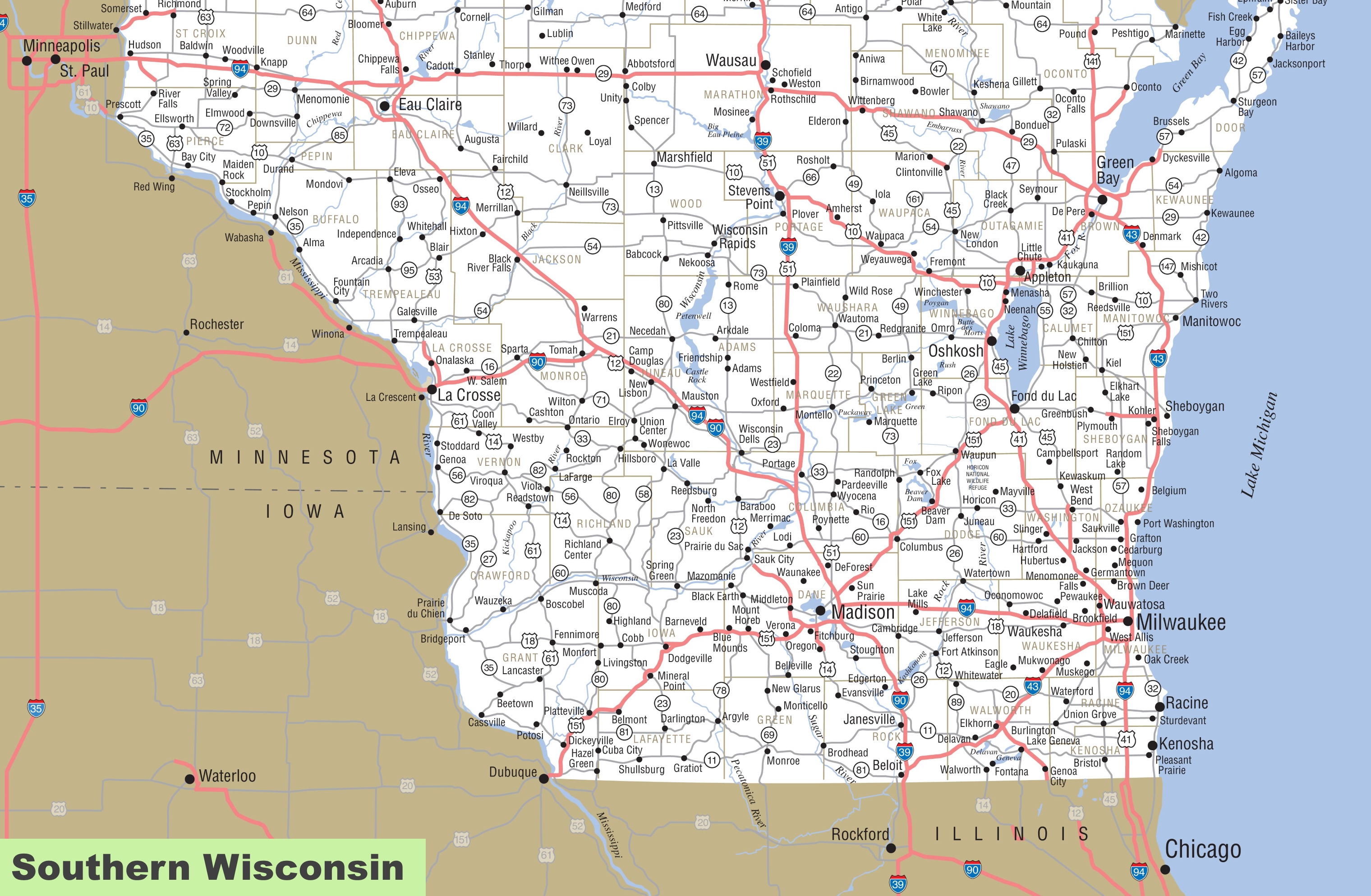 Map Of South Central Wisconsin Map Of Southern Wisconsin