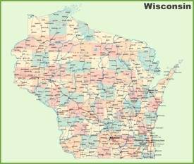 Road map of Wisconsin with cities