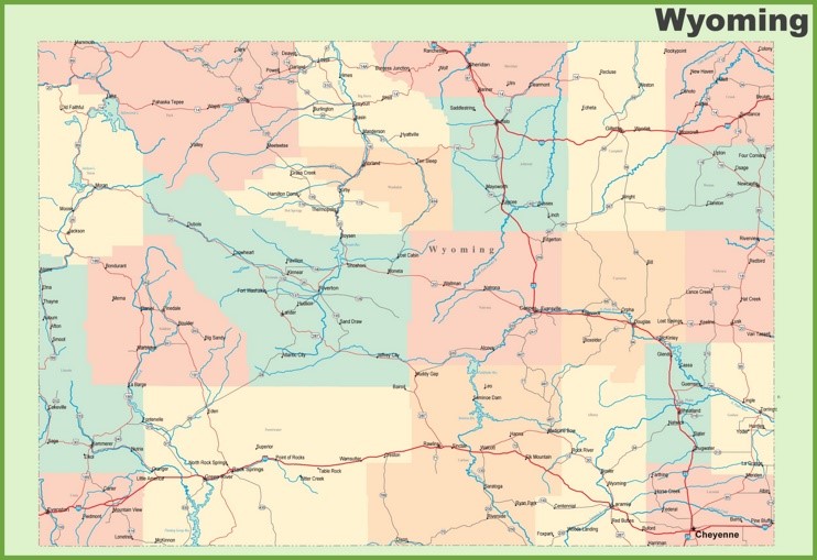 Road map of Wyoming with cities