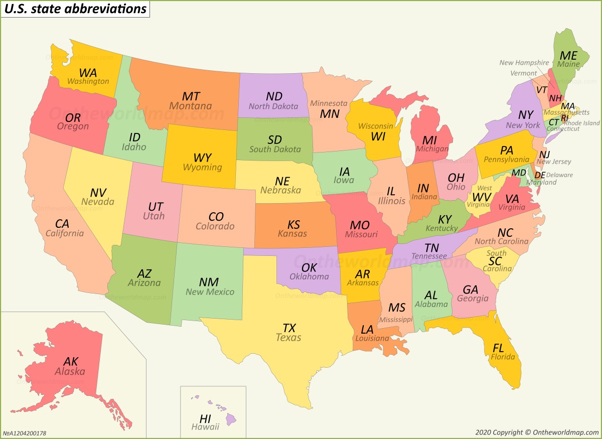USA state abbreviations map.