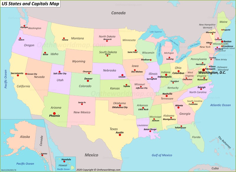 U.S. states and capitals map