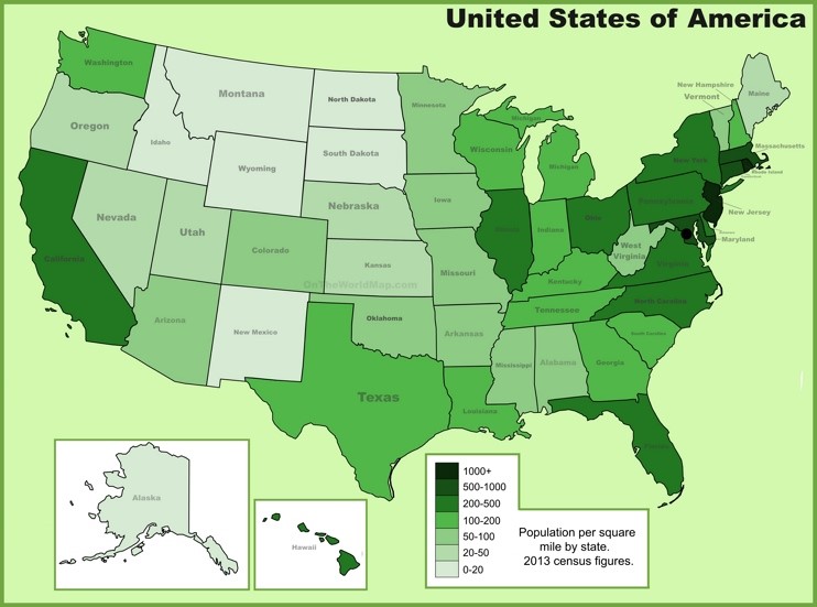 USA population density map - Ontheworldmap.com