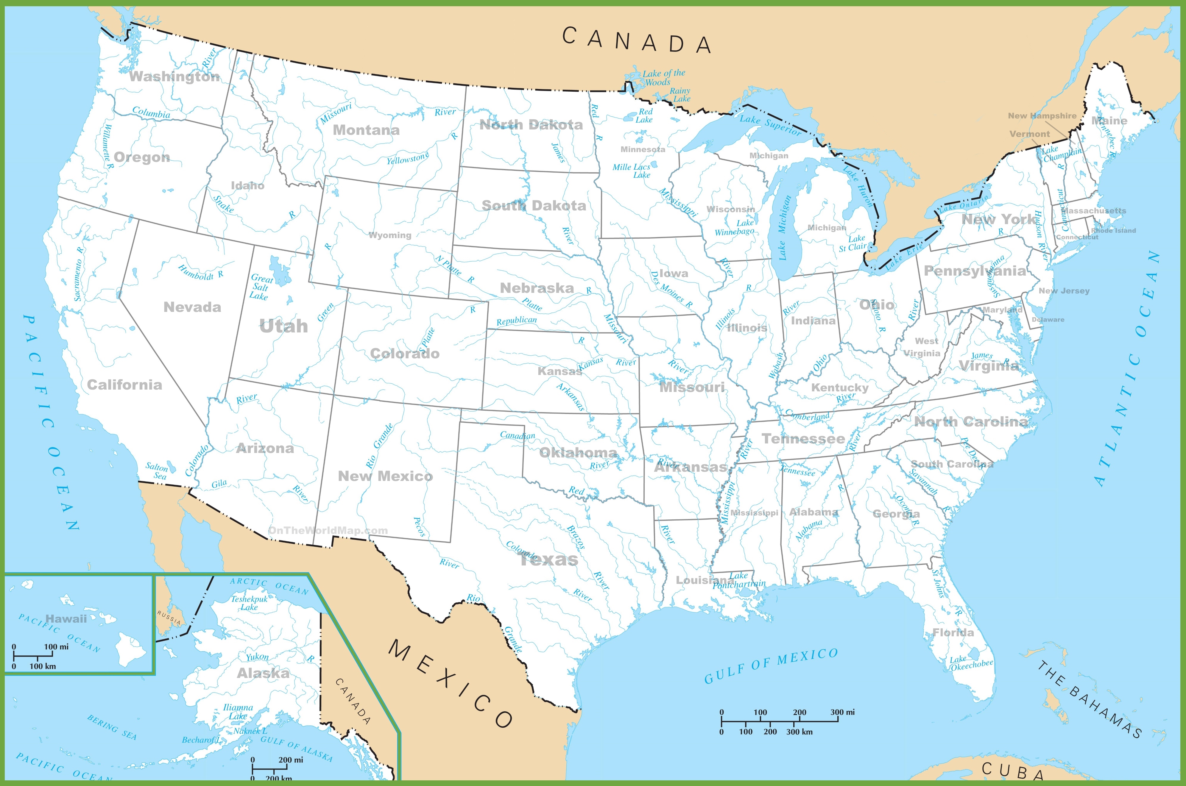 USA rivers and lakes map