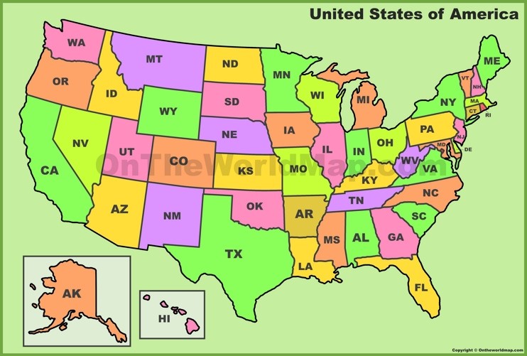 USA state abbreviations map
