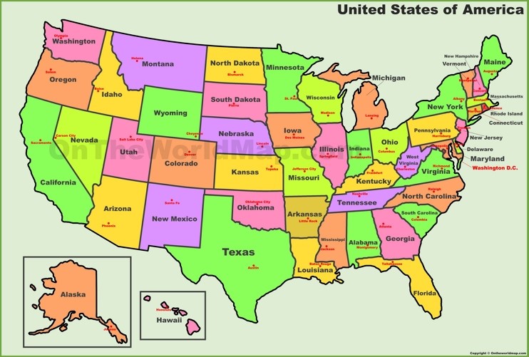 USA states and capitals map