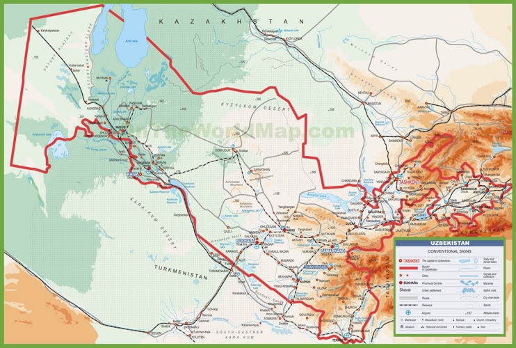Large detailed map of Uzbekistan with cities and towns